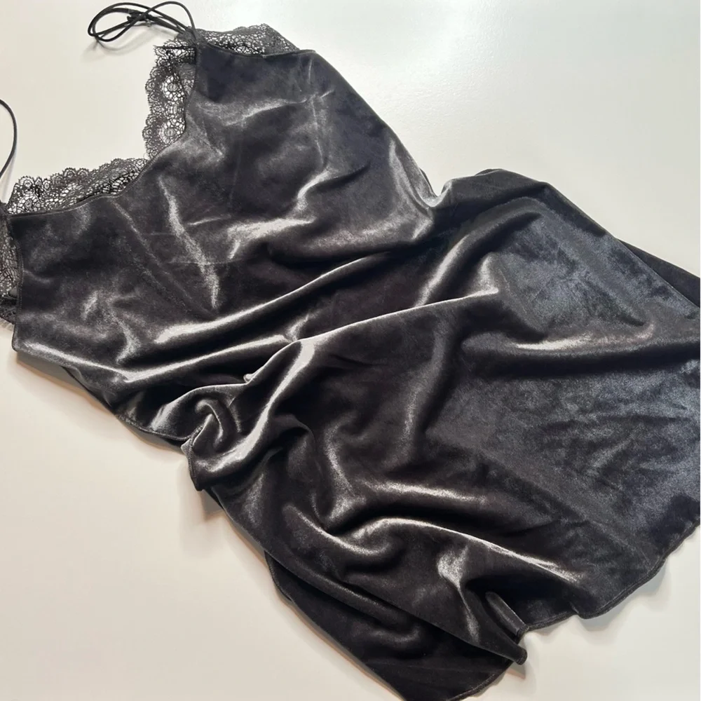 NWT Free People Lace Yasmine Velvet Slip Mini Dress Pajama Lingerie Grey XS - Picture 5 of 10